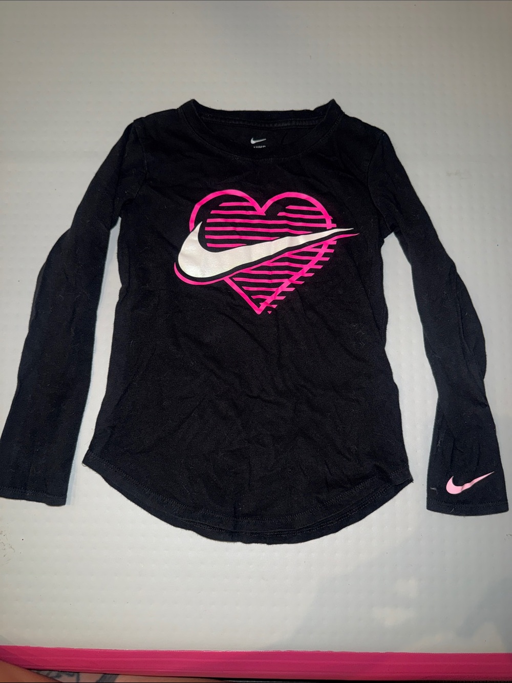Nike Black Long-Sleeve Tee with Pink Heart and White Swoosh
